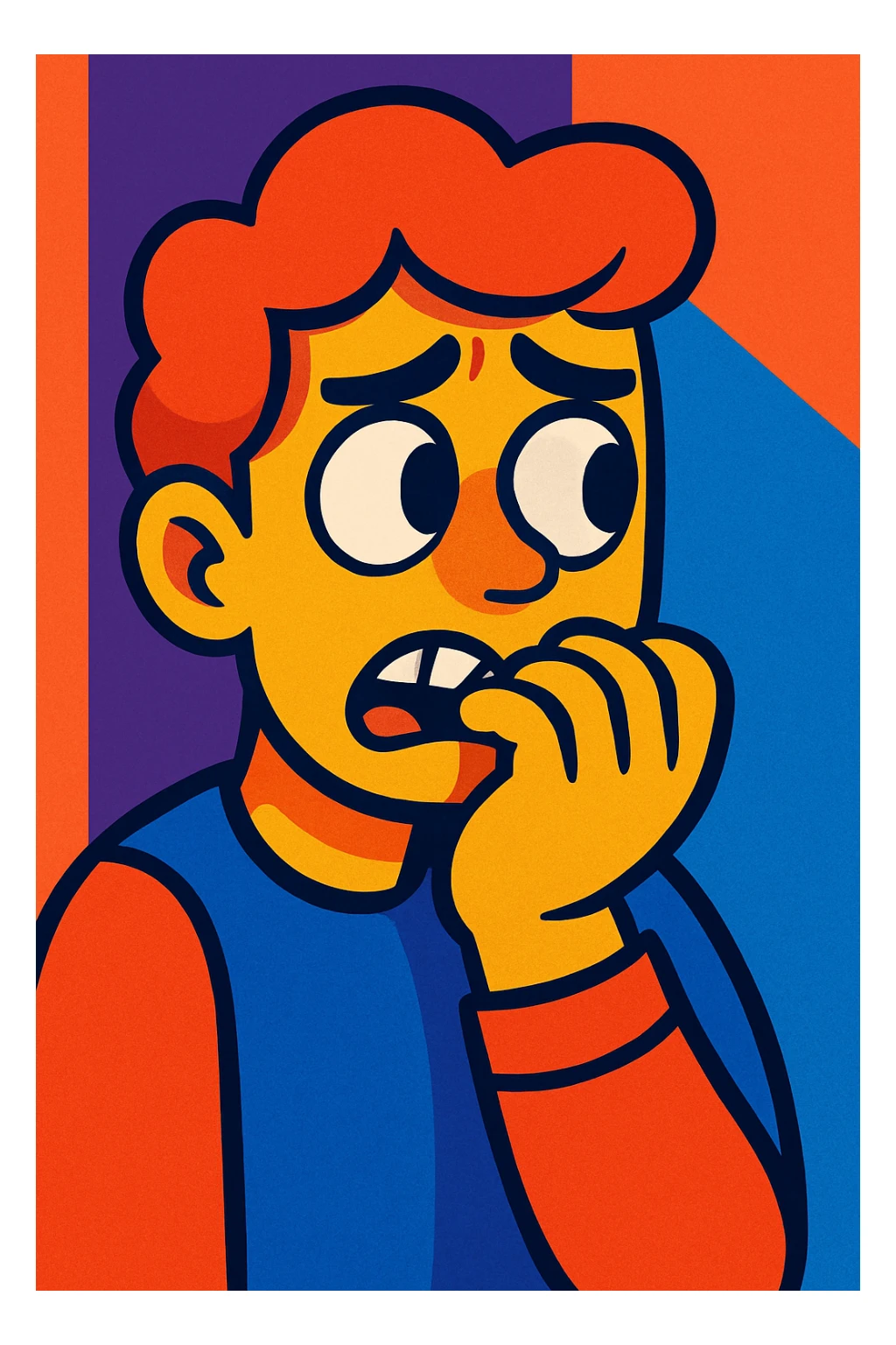 a person biting their nails, glancing sideways, showing both thoughtfulness and fear, colorful toon style sticker