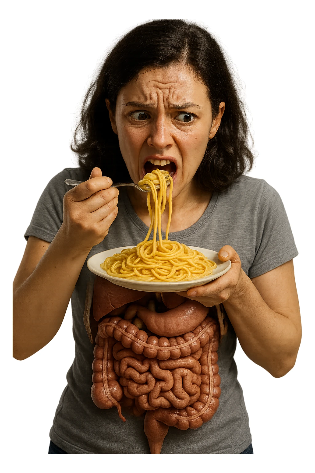 donna con  espressione ansiosa mentre mangia un piatto di pasta affamata, intestino anatomico visibile, iperrealistiche 4k sticker