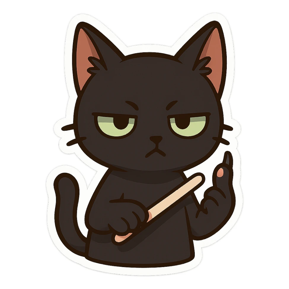 A black cat with an impatient expression, holding up its pinky finger and sharpening its claws with a nail knife sticker