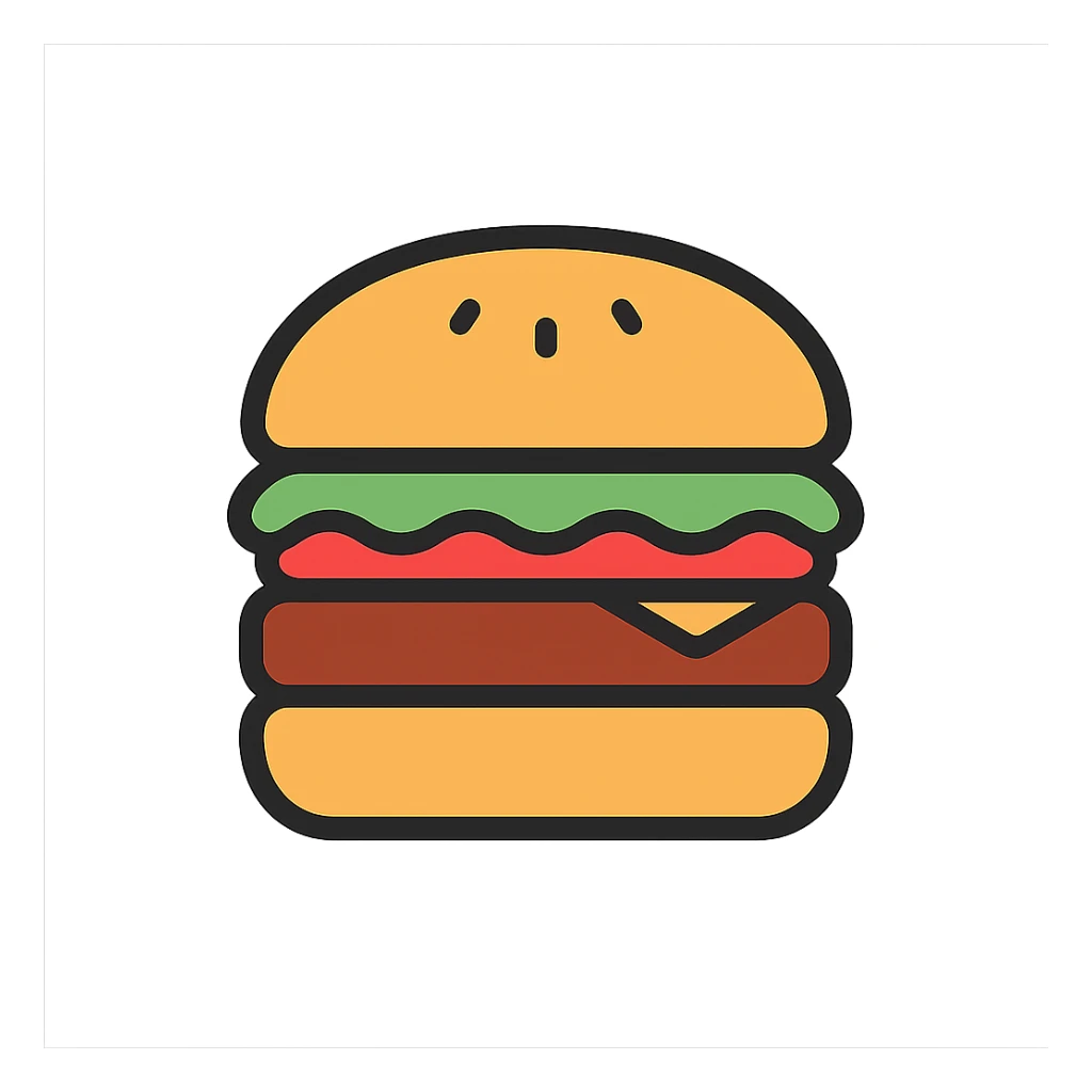 burger icon, color outline style, black outlines with subtle color fill, playful and friendly sticker