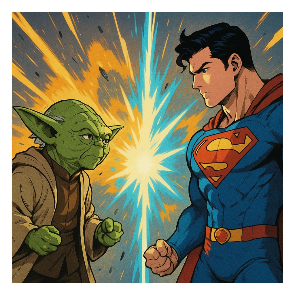 Anime Yoda and Superman facing each other with energy explosion effect, simple background sticker