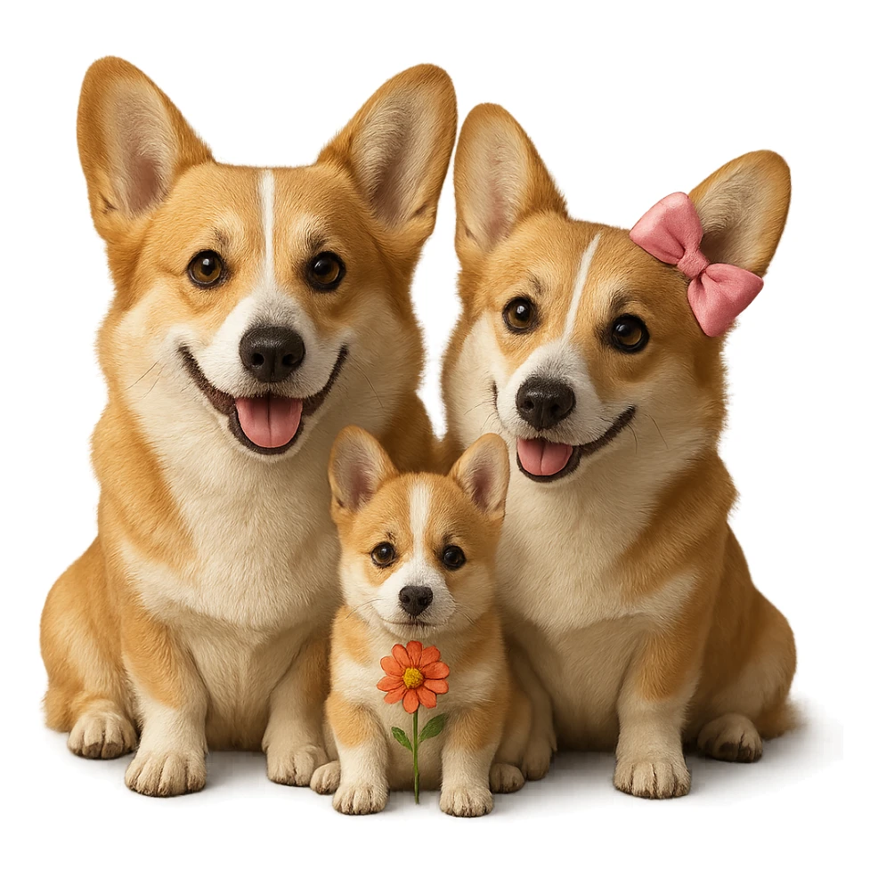 Make the corgi family a little bit more realistic while keeping the style cute. Set the background to transparent. The original style is a cute illustration style, please maintain that look while enhancing realism. sticker