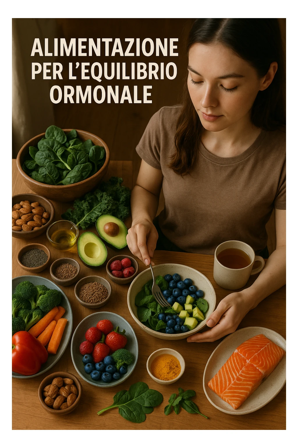 A realistic, cinematic flat-lay image of a clean wooden kitchen table filled with fresh, colorful whole foods known to help reduce androgen excess naturally. The table includes leafy greens like spinach and kale, avocados, berries, colorful vegetables, nuts, seeds (chia and flaxseeds), wild-caught salmon, and herbal teas, carefully arranged in an aesthetically pleasing, organized manner. A small glass bowl with olive oil and another with turmeric powder are included, emphasizing anti-inflammatory properties. In the scene, a young woman with clear, healthy skin and a calm expression is preparing a bowl with these ingredients, symbolizing a hormone-balancing diet. Warm, natural daylight streams in, creating a cozy and inviting atmosphere. The style is hyper-realistic 35mm photography, with vibrant yet soft colors, showcasing textures of the fresh produce and the peaceful vibe of using nutrition to support hormonal balance in italiano sticker