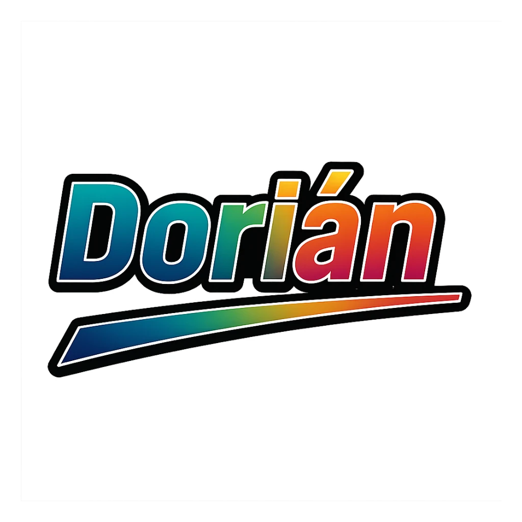 Dorián name in masculine, modern gradient font with precise Hungarian characters, dark outline, extra thick, prominent white letter border, dynamic slanted underline, rainbow gradient colors, 1000x1000 px, PNG, transparent background sticker