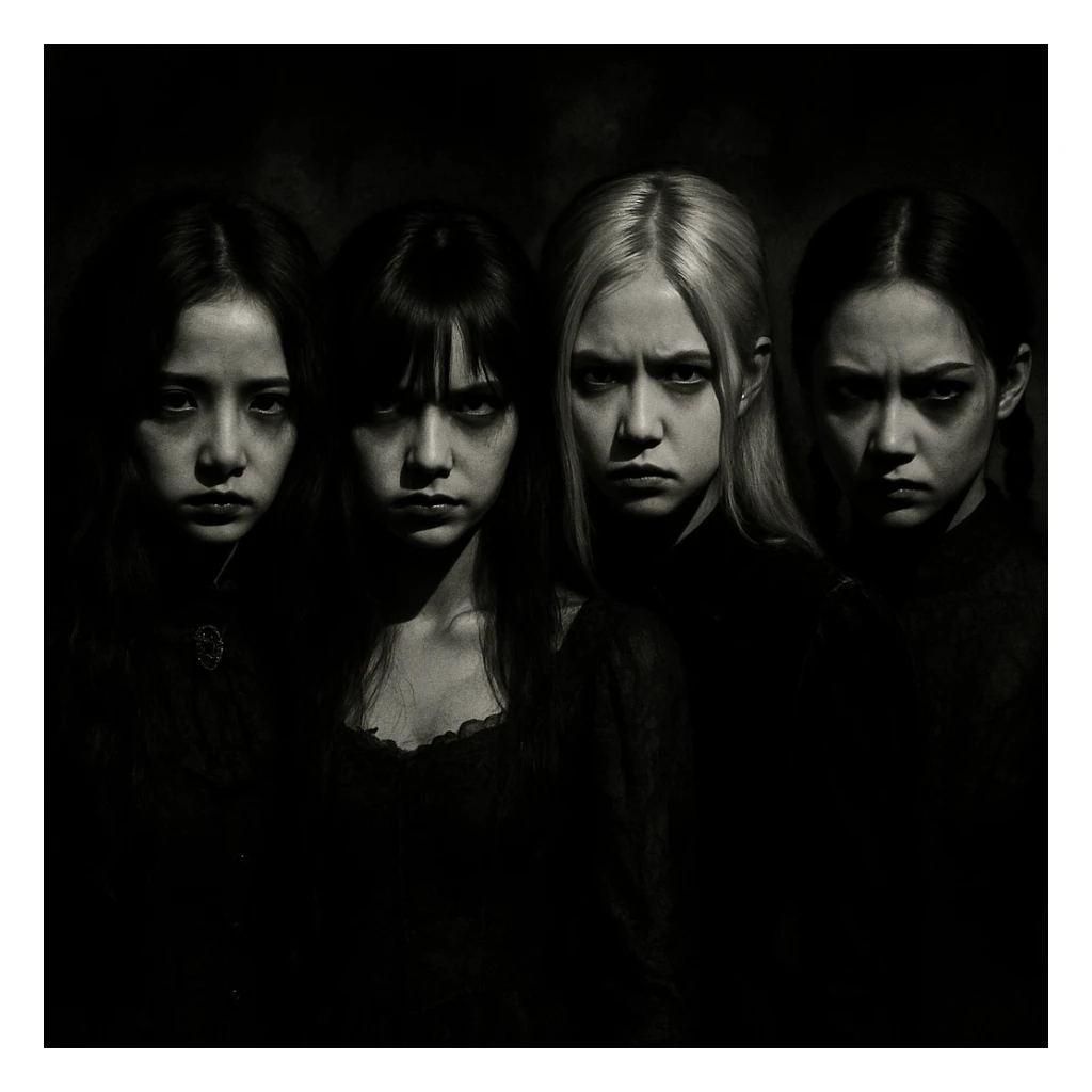 Blackpink in horror goth style, dramatic shadows, haunting expressions, eerie mood sticker