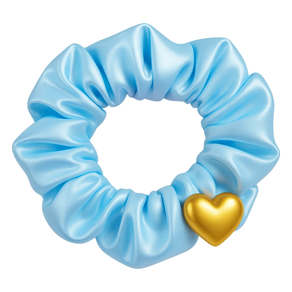 Add a small gold heart charm to the pastel blue silky scrunchie, keep the 3D emoji style and shimmer effect. The style is 3D emoji with a shiny, smooth, and realistic look. Remove the background. sticker