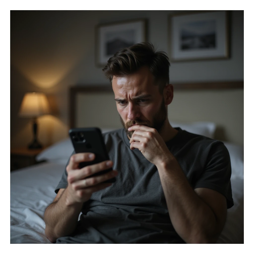 Man posting a photo on social media with a suffering expression and dramatic caption, checking his phone for supportive messages, bedroom, hyperrealistic 4K details sticker