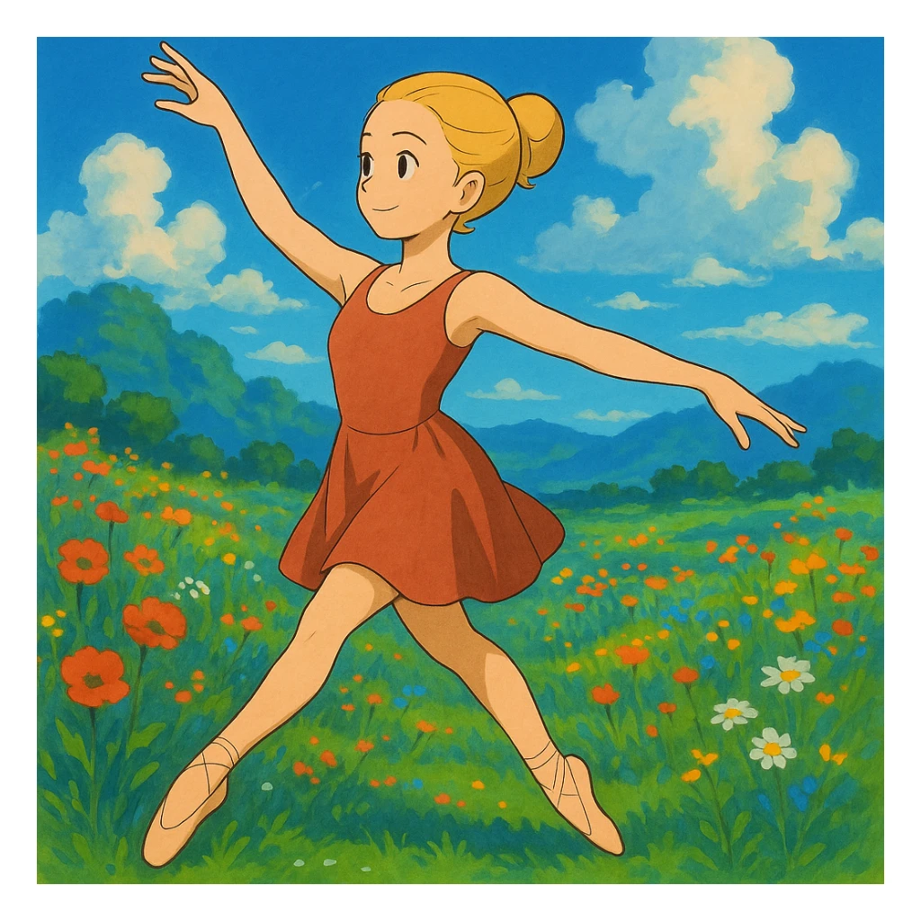 Add a vibrant, colorful background behind Dana Dawson in a dance pose, keep the original ghibli style sticker