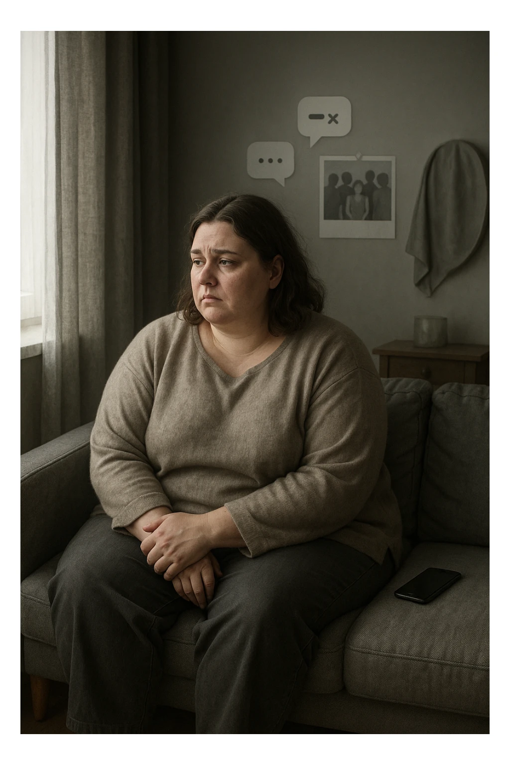 Donna tra i 30 e i 40 anni seduta sola su un divano, con espressione malinconica e corpo visibilmente appesantito. Indossa abiti larghi, avvolgenti, e guarda fuori dalla finestra mentre il telefono è spento o con notifiche ignorate accanto a lei. Sullo sfondo, si notano segnali di vita sociale assente: messaggi non letti, inviti ignorati, foto di gruppo a cui non partecipa. L’atmosfera è silenziosa, con luce grigia e ambiente spento. Intorno a lei, simboli di ritiro e insicurezza: tende chiuse, specchio coperto, postura chiusa. Stile realistico, tono delicato ed emotivo sticker