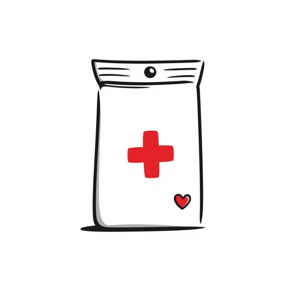 Hand-drawn intimate health clinic packet with red cross and small heart icon, sealed medical packet sticker