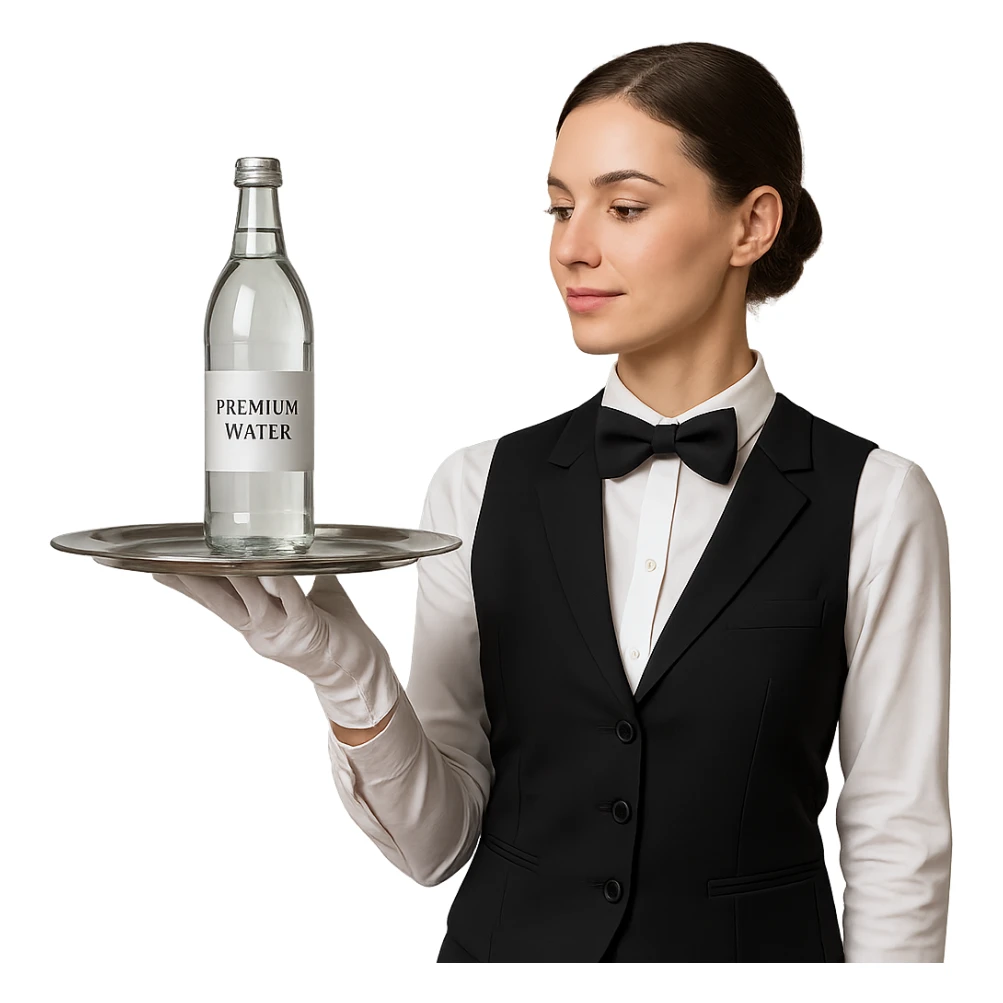 premium water bottle exposed on a premium plate by a high standard waitress sticker