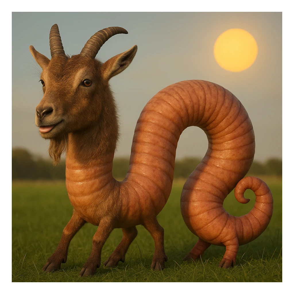 Make this goat-worm hybrid more realistic with a detailed goat head featuring natural fur, realistic horns, and a segmented worm body with lifelike texture and subtle color blending. Render in photorealistic style with no cartoon exaggeration. sticker