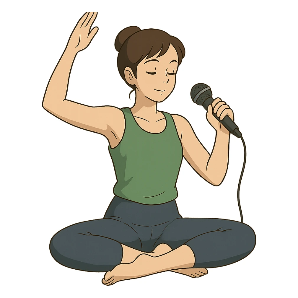 ghibli style illustration of a woman doing yoga with a microphone sticker