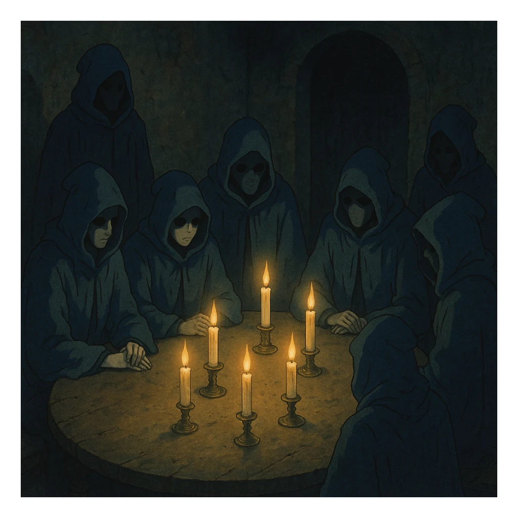 mysterious conclave gathering with hooded figures around a table illuminated by candlelight in ghibli style sticker