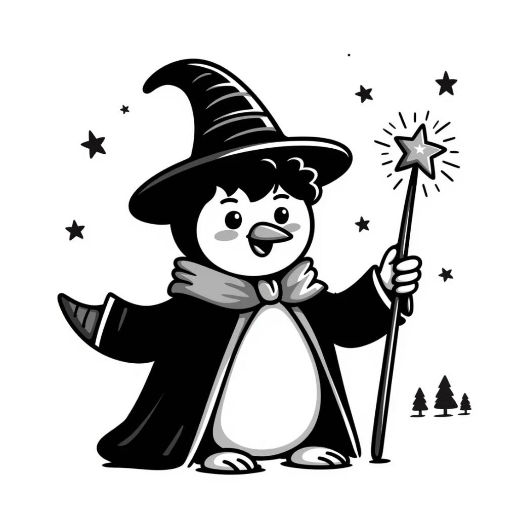 A penguin wizard holding a magic wand, with a starry night background sticker