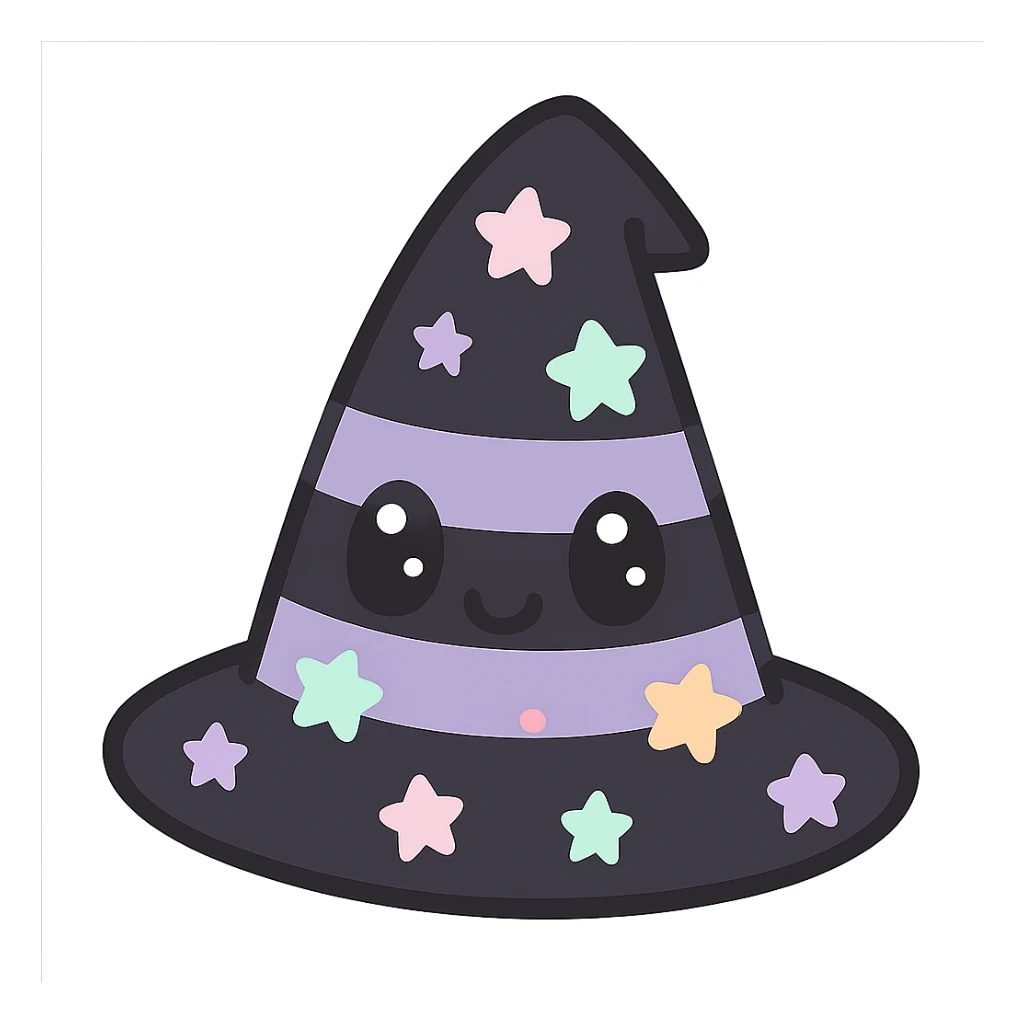 kawaii style gothic witch hat, cute face, black and purple stripes, pastel stars, cheerful and magical sticker
