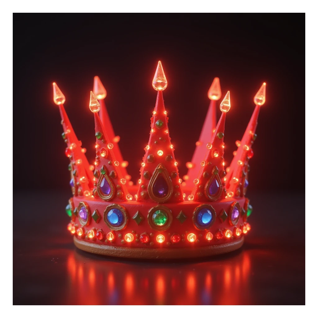 realistic glowing red crown with colorful gems, soft glow, photorealistic sticker