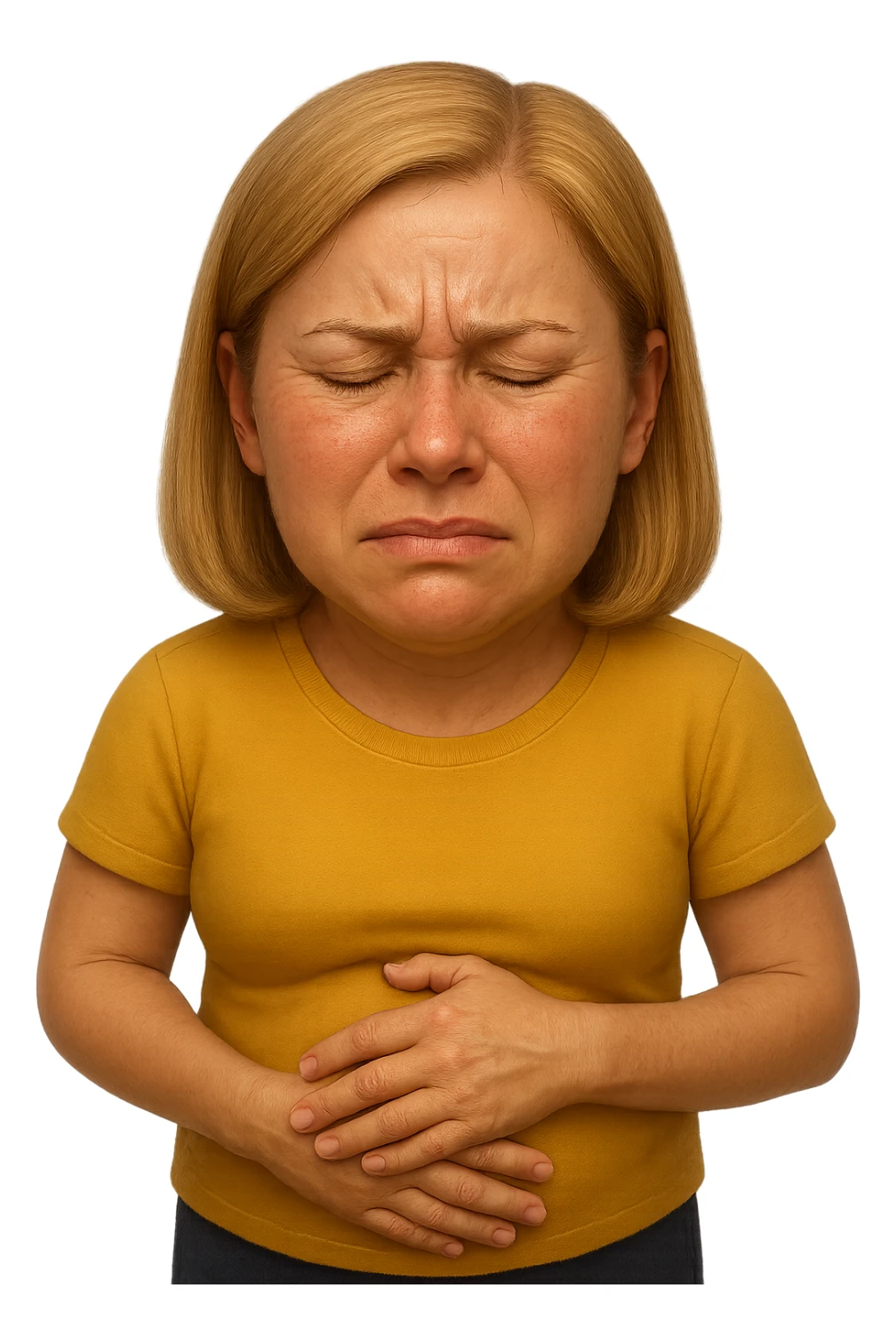 emoji stile iphone di donna con mal di pancia e pancia gonfia, iperrealistico 4k sticker