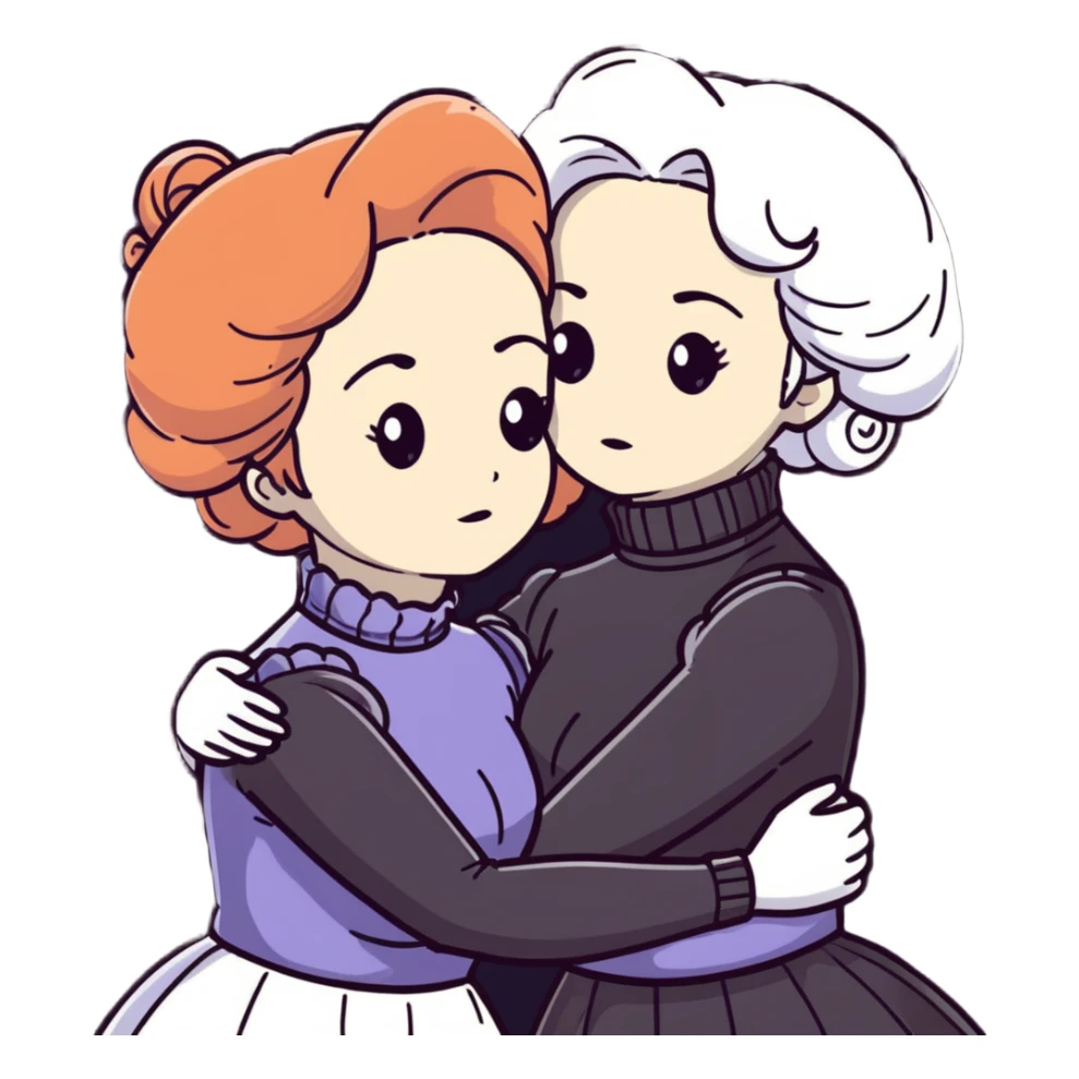 Two Victorian women with grey eyes in a sad, intimate hug. One has bright white coiffed hair, one has dark copper coiffed hair. Both wearing Victorian turtleneck dresses with arms tightly around each other. sticker