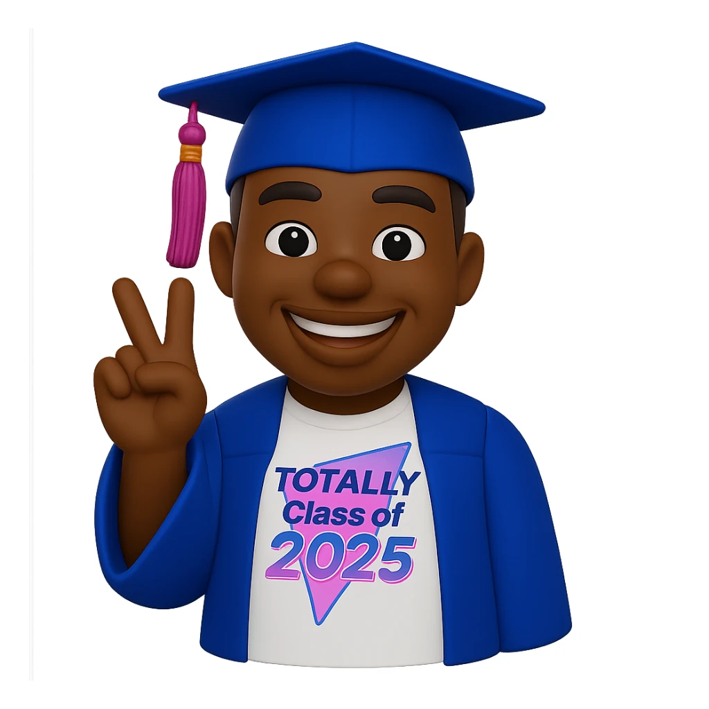 Create a cool emoji based on the person in the reference photo, wearing a graduation outfit, making a peace sign with one hand, in a 3D cartoon style. Background should be transparent. sticker