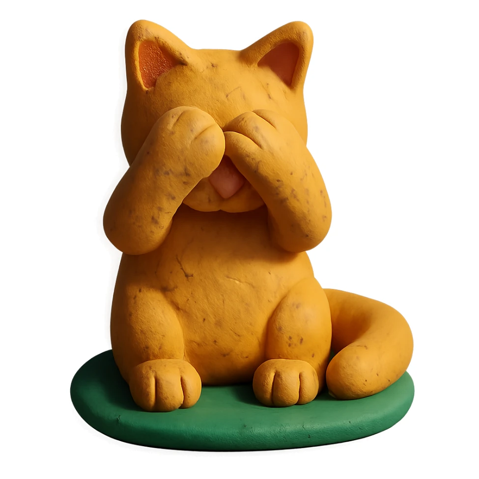 cat covering its face with its paws, claymation style sticker