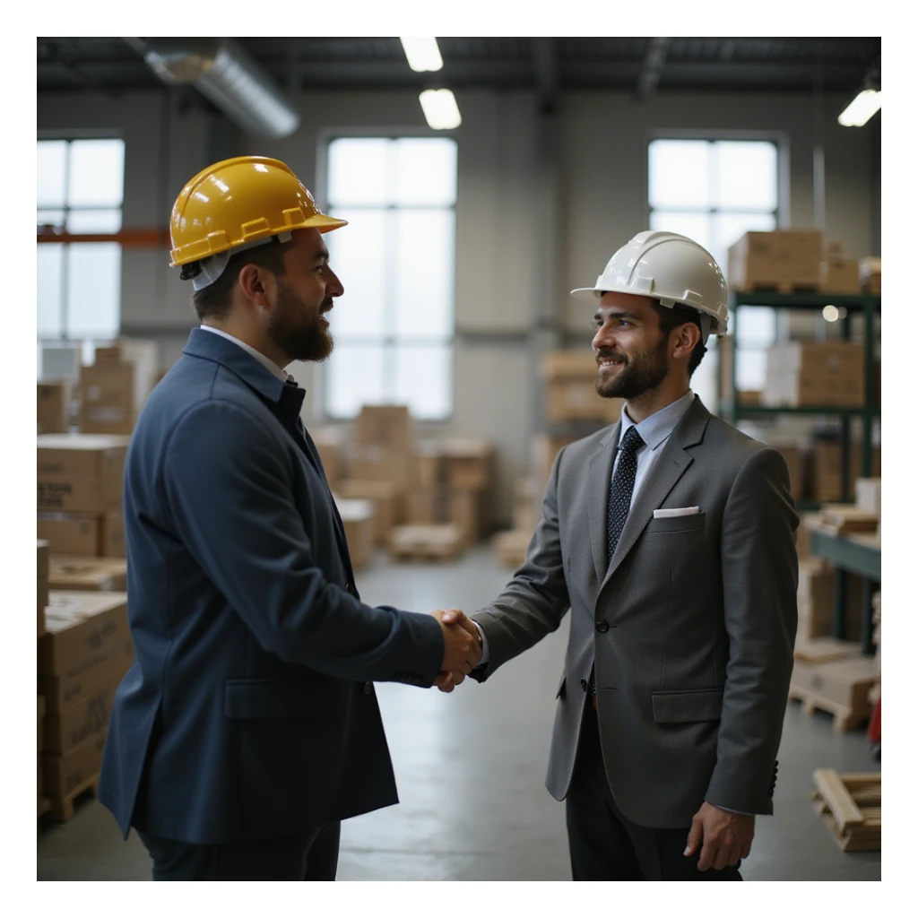 office worker shaking hands with factory worker, realistic style, business setting sticker