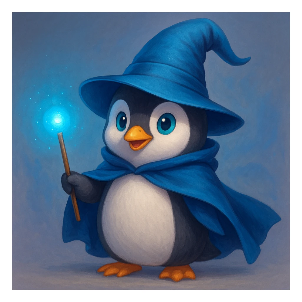 A penguin wizard with a pointy hat and a magic wand and a blue cape sticker