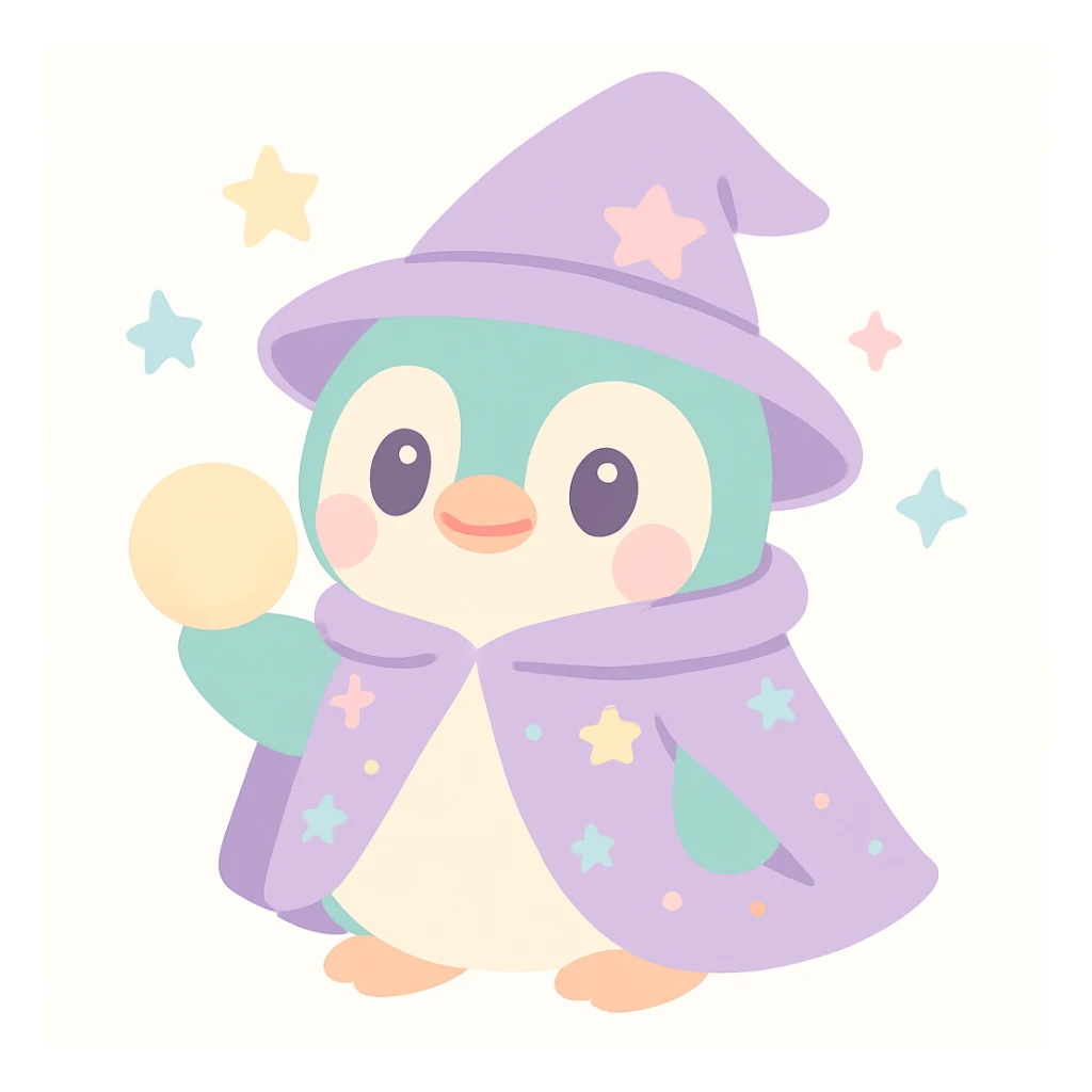 a chubby penguin in wizard attire, with a starry cloak and a glowing orb, looking wise and mystical sticker