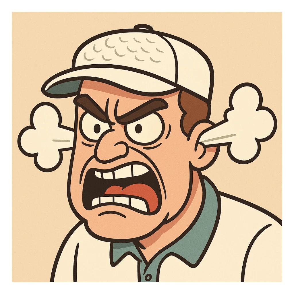 furious golfer's face, steam from ears, golf hat, animated style, bold lines sticker