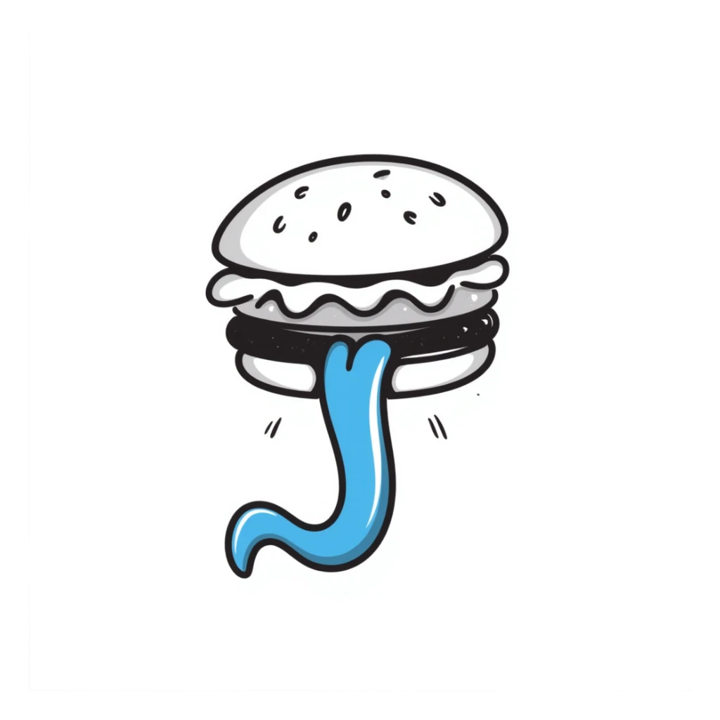 a long blue tongue sticking out between two hamburger buns, looking very funny and mischievous, hand drawn doodle style sticker