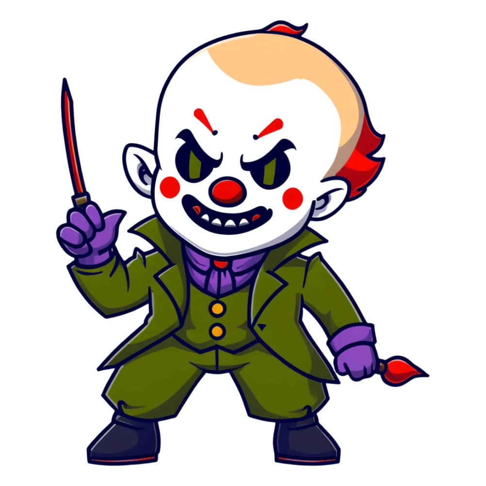evil clown warrior, bald, small black horns on forehead, fangs, pointed ears, eye patch over one eye, long coat over black and military green leisure suit with bellbottom pants, tail, holding a whip, no knife, realistically proportioned, less bulky, full body visible, battle-ready fighting posture sticker
