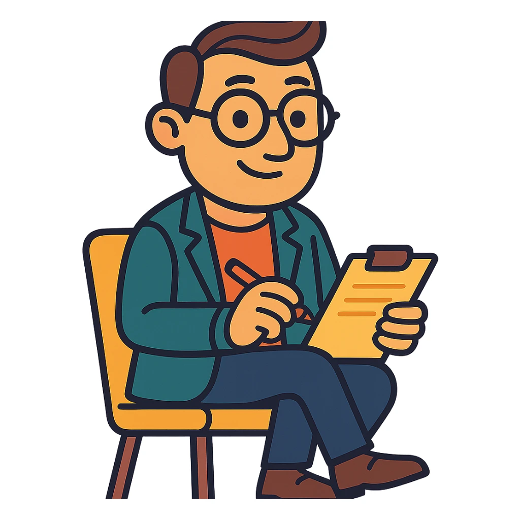 therapist cartoon character with glasses and notepad sticker