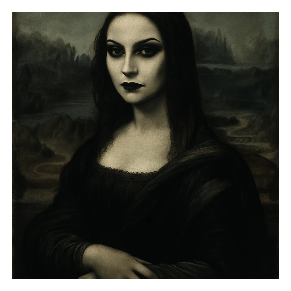 Mona Lisa in gothic style, dark clothing, moody atmosphere, gothic makeup sticker