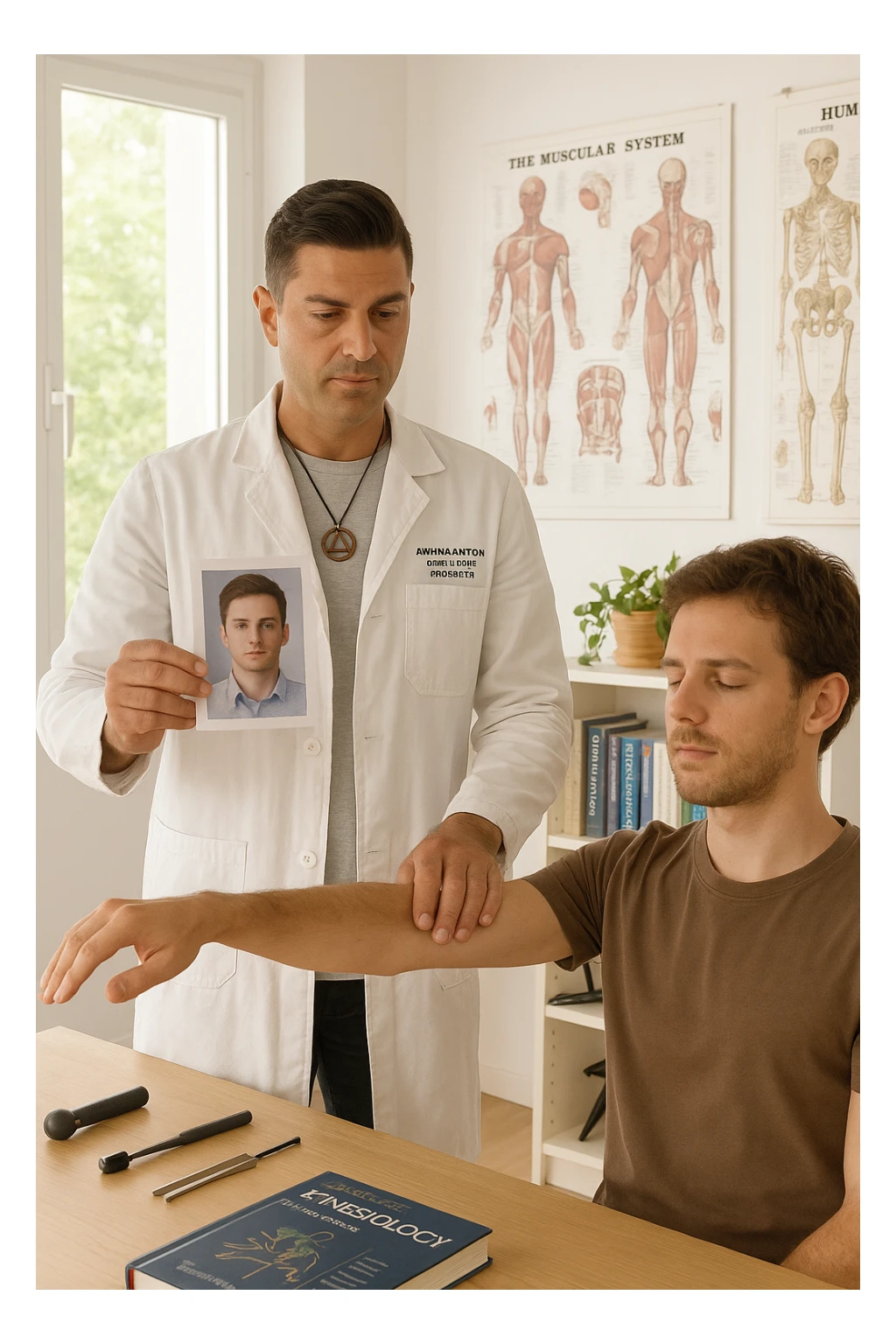 a middle-aged man, dressed in casual professional attire, is in a bright, organized therapy studio. Durante una visita di kinesiologia, il ragazzo tiene con una mano la foto di una persona lontana (il “testimone”) tiene la foto in mano, mentre con l’altra mano esegue un test muscolare su un cliente presente. Sullo sfondo si vedono libri di kinesiologia, poster anatomici e strumenti tipici della disciplina. L’atmosfera è concentrata e serena, con luce naturale che entra dalla finestra, sottolineando l’aspetto alternativo e umano della pratica. sticker