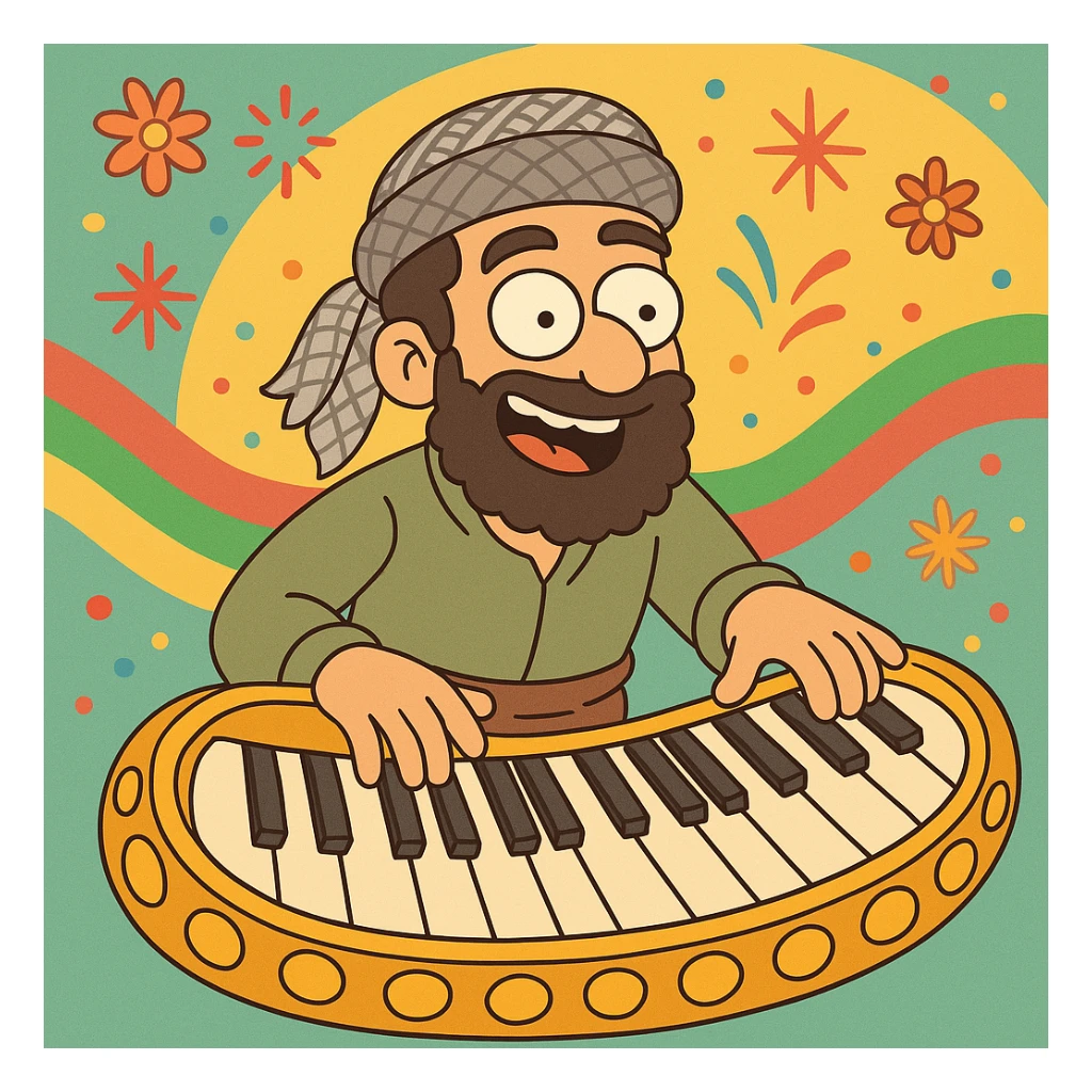 cartoon keyboard theme inspired by daf instrument and Kurdish dance, cheerful colorful background, keys with golden cartoon borders sticker