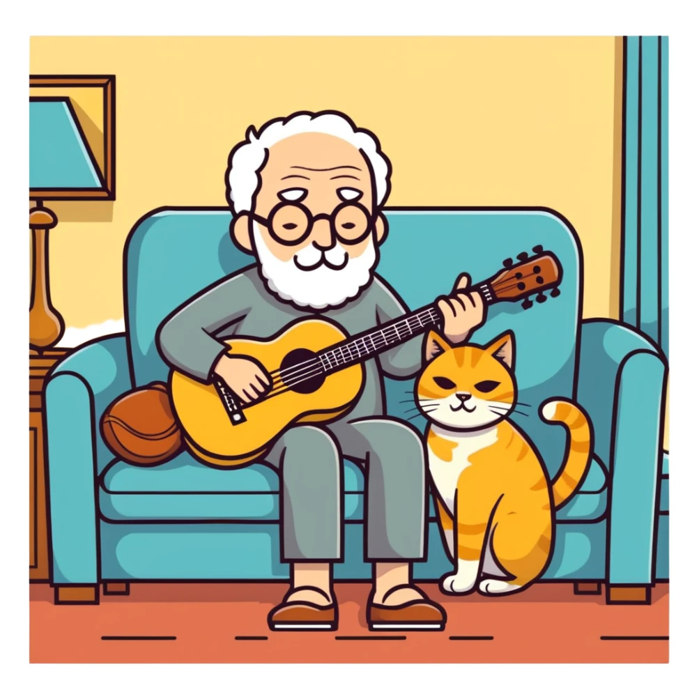  old blind man playing ￼guitar  on the couch ￼with his ￼golden cat  sticker