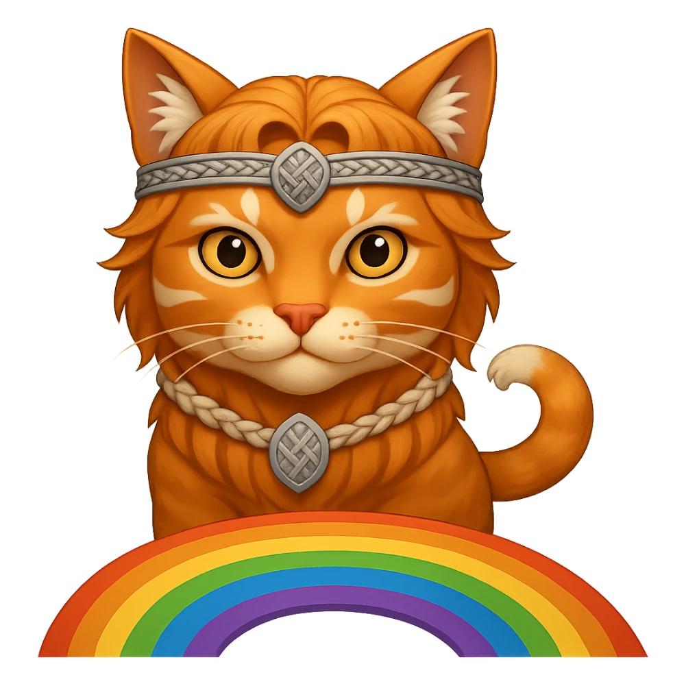 Add a rainbow bridge beneath the valorous Viking cat in Valhalla. Keep the background transparent. The style should match the original image's look and feel. sticker