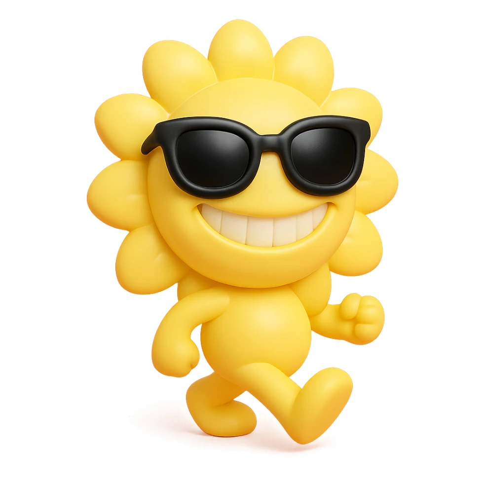 bright pastel yellow sunflower with large sunglasses, grinning proudly while strutting, round body, exaggerated confident face, vinyl figure style sticker
