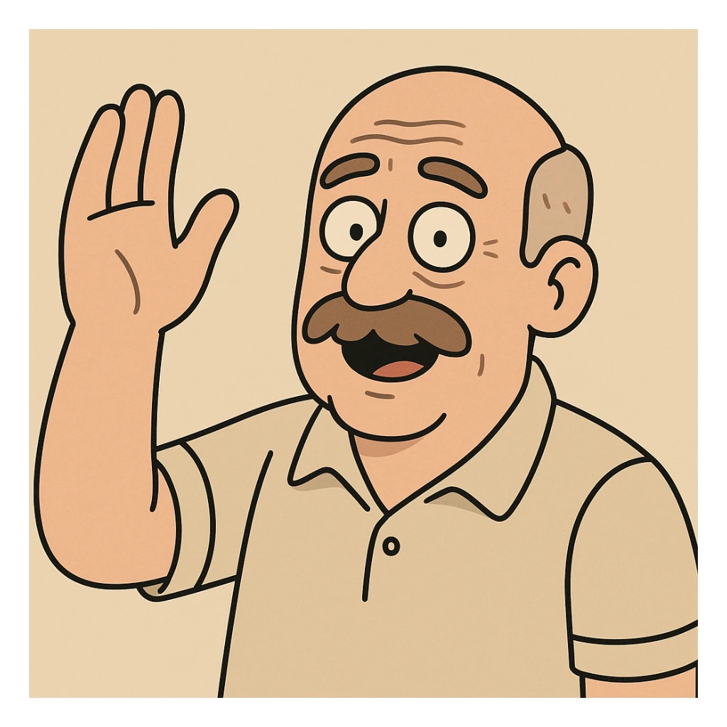 older bald man with a mustache raising his hand, cartoon style sticker