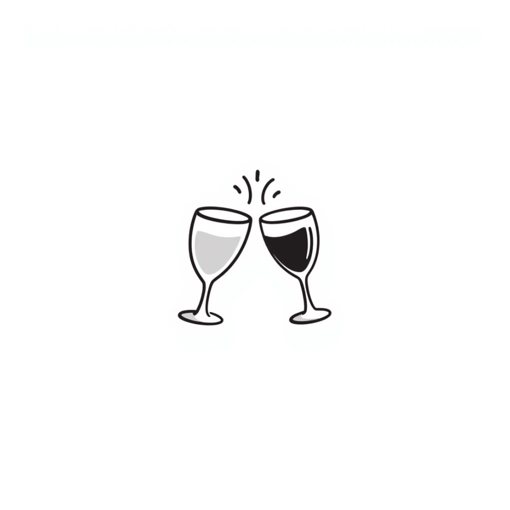 Two elegant wine glasses or champagne flutes clinking together in pastel colors (dd9fb0, ffc6d3, a3bfc9, c4bee2, f1b091), hand-drawn doodle style sticker