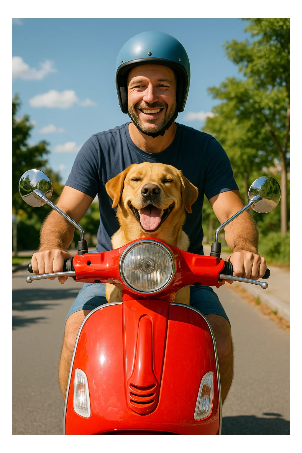 man and his pet dog riding a vespa sticker