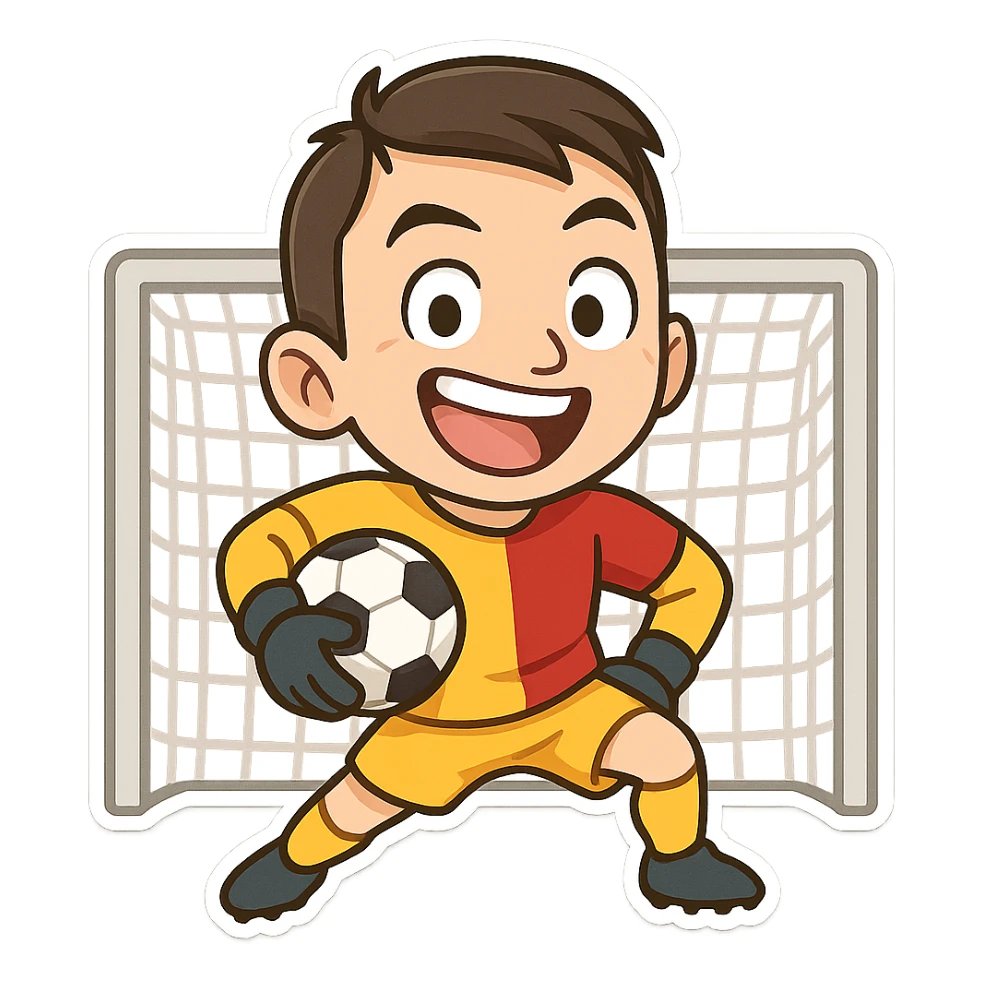 Muslera posing exaggeratedly and comically in front of the goal, wearing yellow-red jersey, with a football sticker