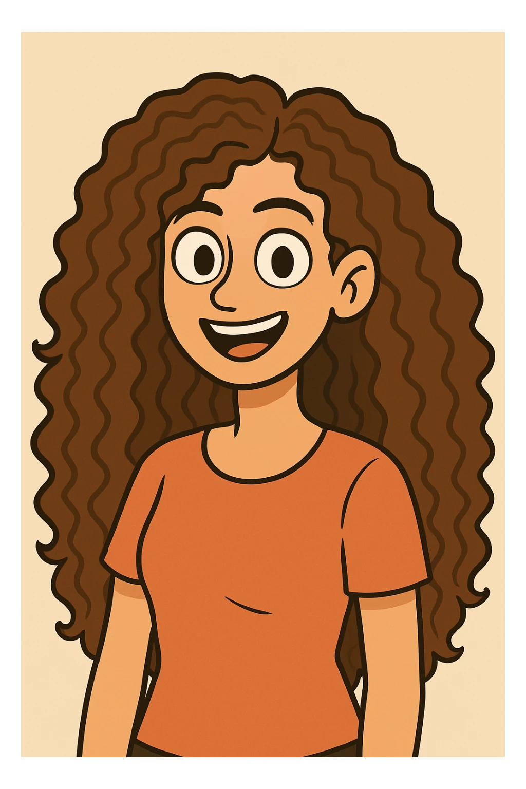 Make the hair much longer, with 3b-3c brown hazelnut curls, keeping the same style and expression, upper body, plain background, in a style consistent with the original images. sticker