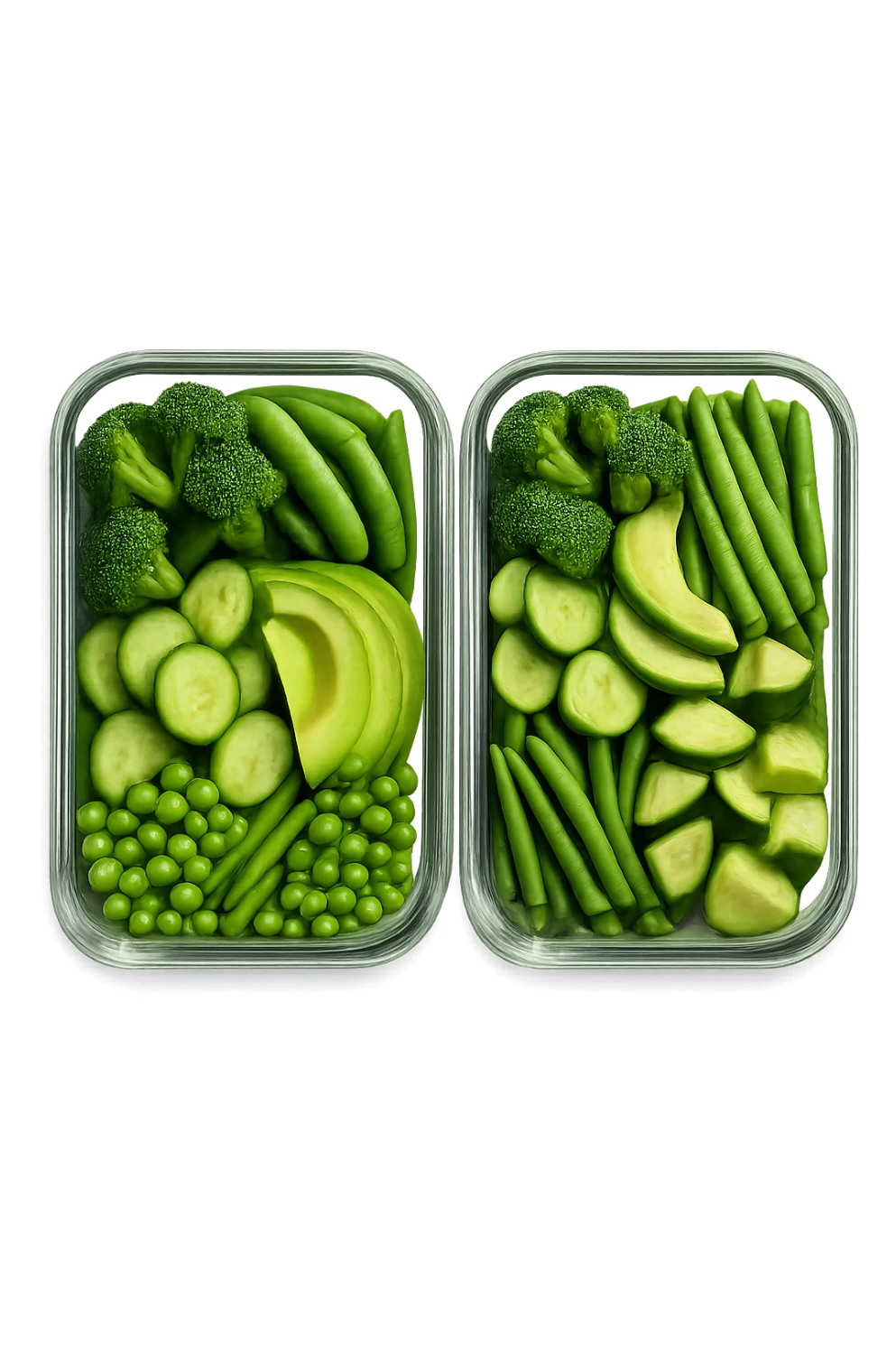 verdure tagliate e sistemate in due schiscette di vetro viste dall'alto, iperrealistico 4k sticker