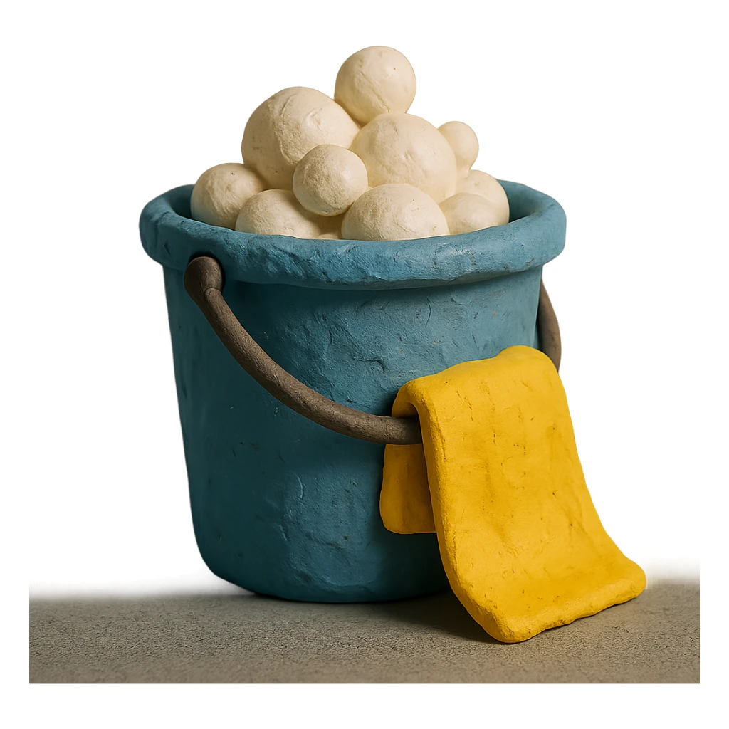 bucket with bubbles and cleaning cloth in claymation style, soft matte finish sticker
