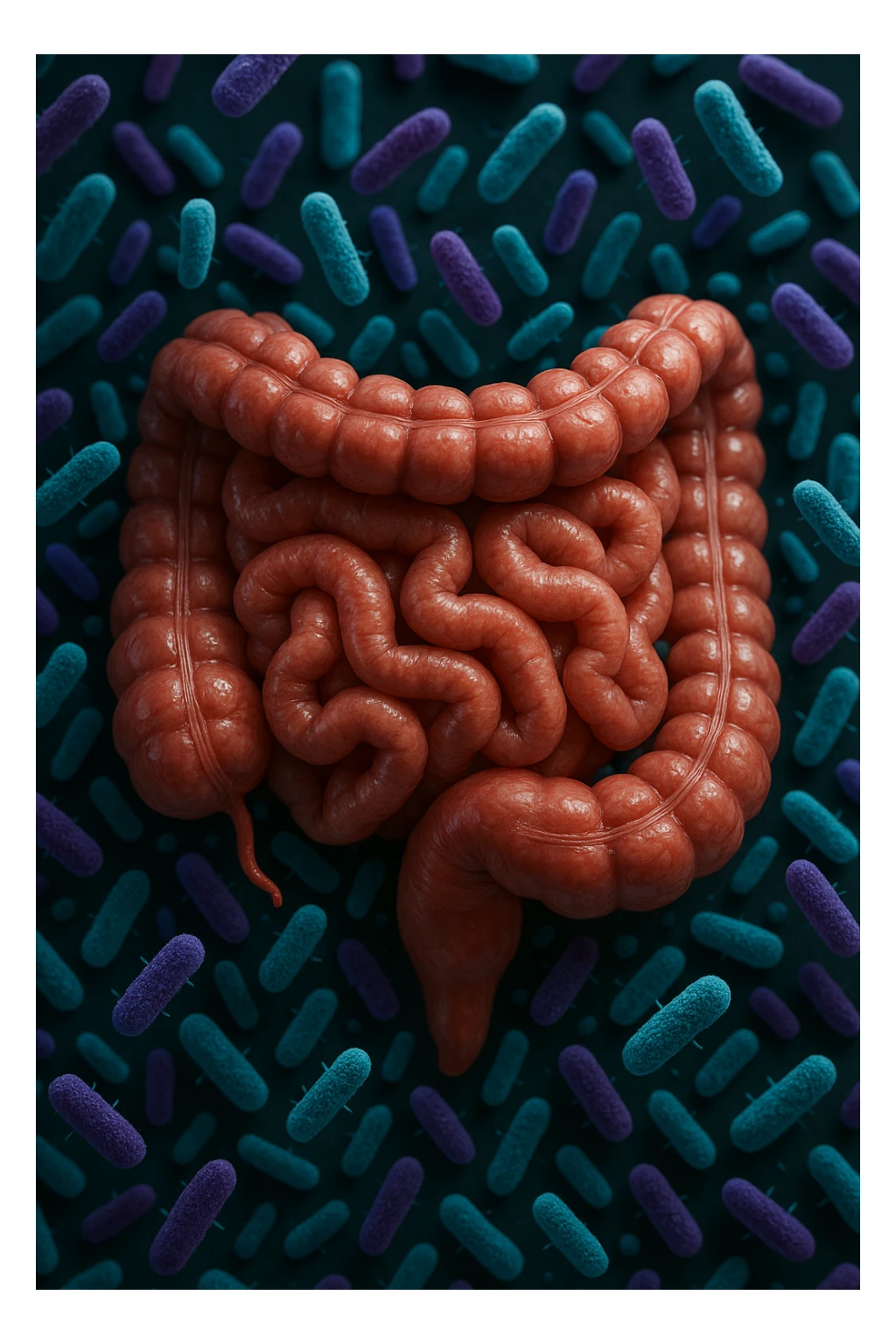 intestino umano anatomico realistico pieno di batteri intestinali viola e turchesi che gli fluttuano intorno, IPERREALISTICA 4K sticker