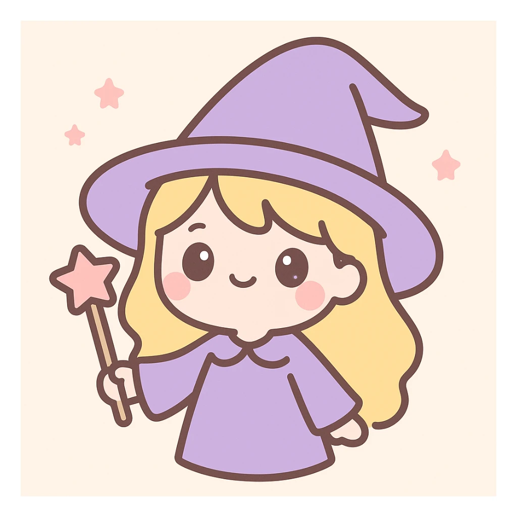blonde girl wizard, oversized purple hat, cute and whimsical expression, enchanting and playful sticker