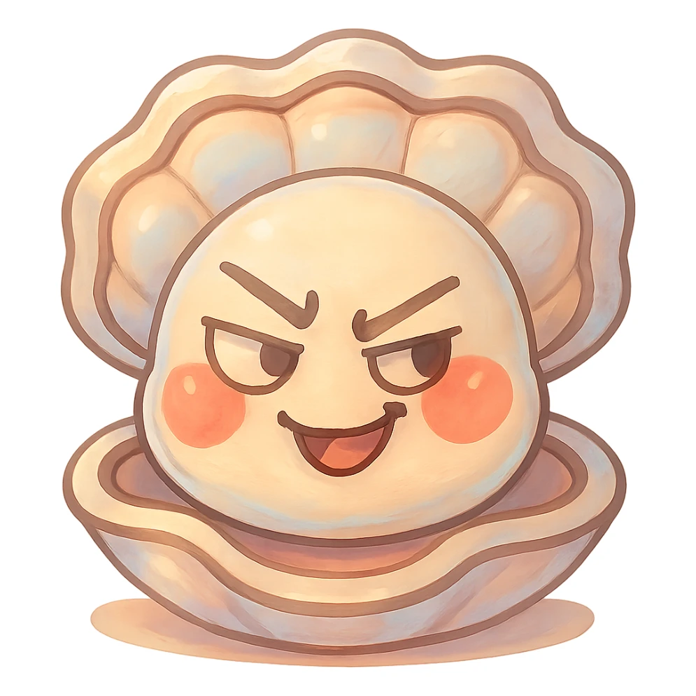 Enhance the cute oyster by adding subtle pastel highlights, accentuating the cream, peach, and greige texture, giving the shell a pearly effect and more volume, making the red cheeks even more luminous and natural, while keeping the mischievous expression and transparent background. sticker