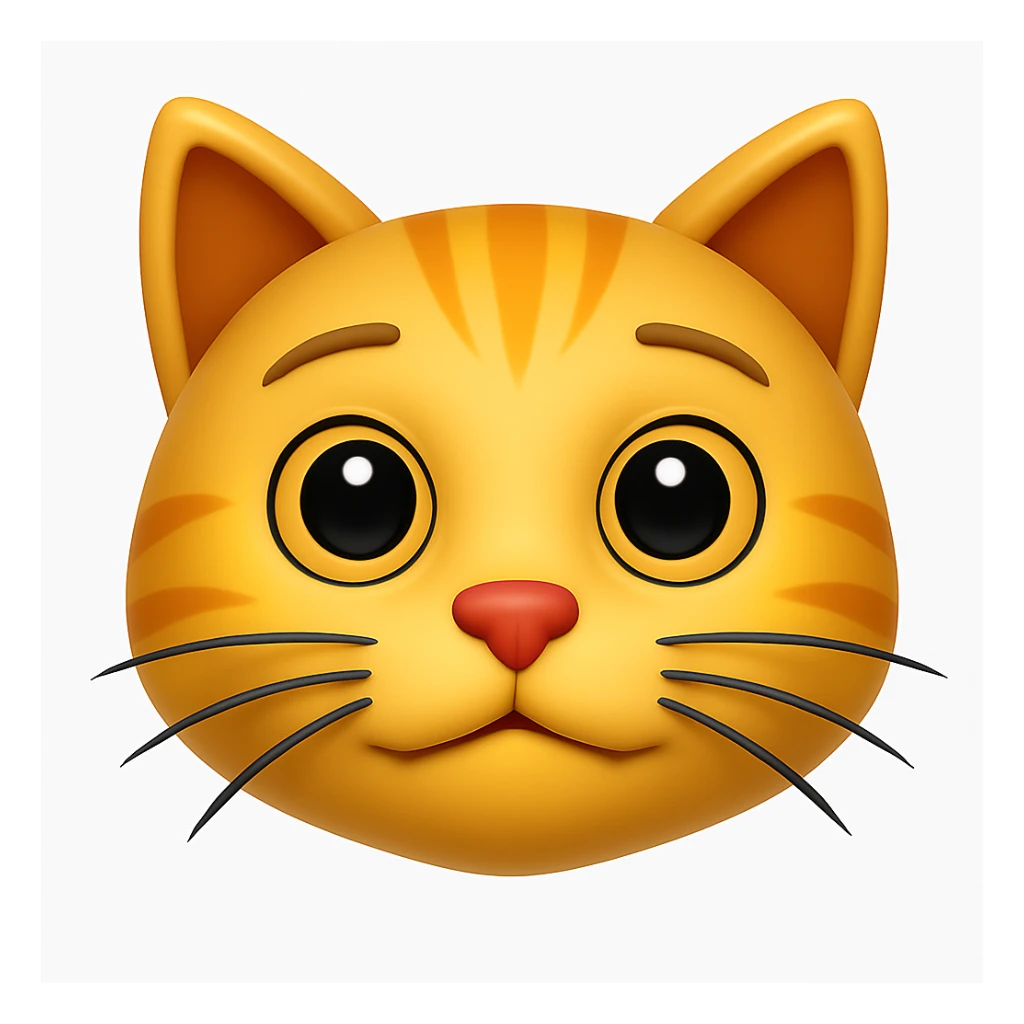 Remove the antenna thing on top of the cat's head. Keep the image exactly the same otherwise. The style is iOS emoji style, 3D, shiny, smooth gradients, soft shadows, realistic cat face, classic emoji look. sticker