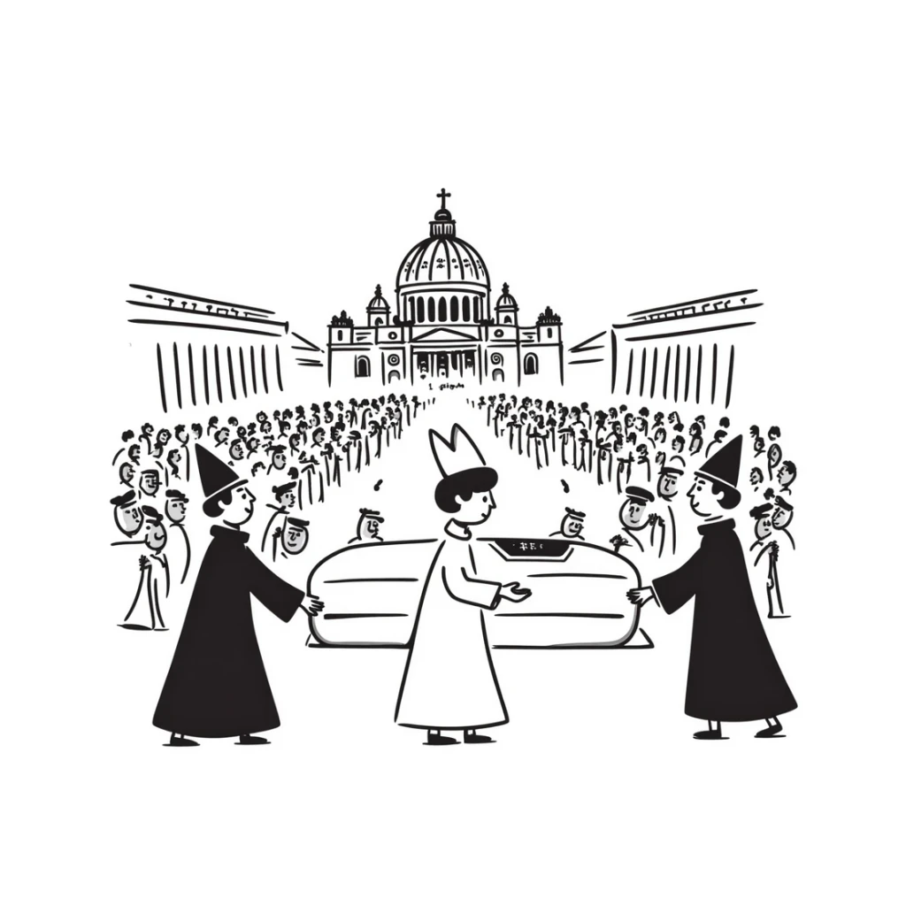 A respectful drawing of a papal funeral procession at Vatican City with cardinals, the papal coffin, and St. Peter's Square filled with mourners sticker